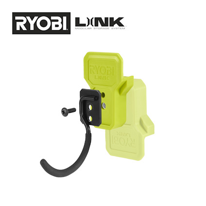 Grön och svart J-krok med texten "RYOBI LINK", monterad med skruv.