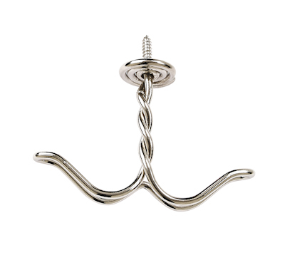 Metallkrok med dubbel krokdesign och spiralformad mitt, i blank nickel, med en skruv upptill.