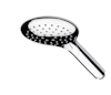 Handdusch med kromad yta och flera sprayhål på ett ovalt duschhuvud, samt ergonomiskt handtag.