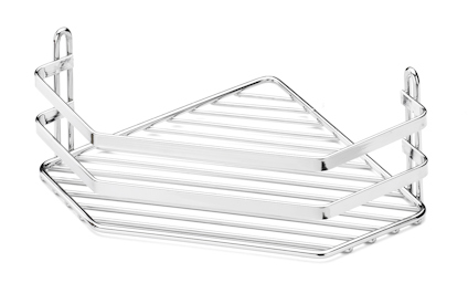 Hörnduschkorg i krom med trekantig design och tre stångsidor för väggmontering.