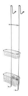 Kromfärgad duschhylla med två korgar och krokar. Enkel design och vertikal uppbyggnad.