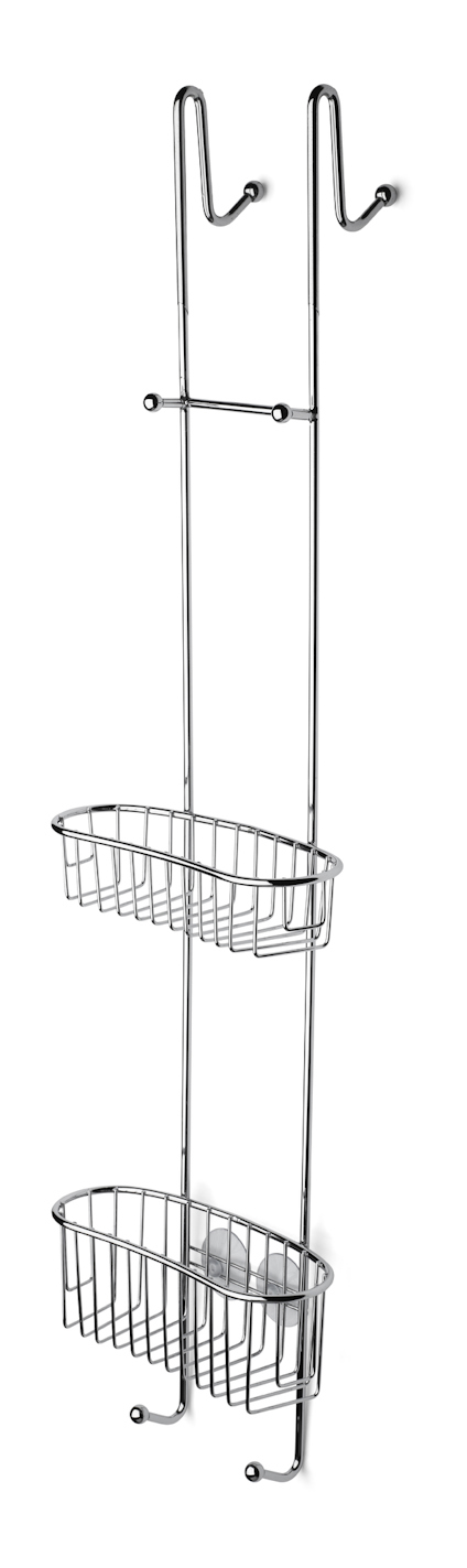 Kromfärgad duschhylla med två korgar och krokar. Enkel design och vertikal uppbyggnad.