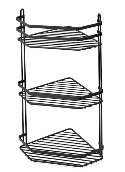 Svart hörnduschkorg med tre hyllor i metall med gallerdesign.