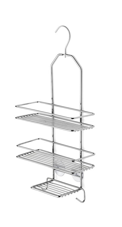 Metallisk duschkorg med tre hyllor och en krok för upphängning.