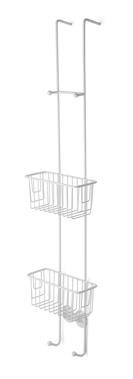 Vit duschhylla i metall med två trådkorgar och krokar, designad för att hängas över ett duschvägg.
