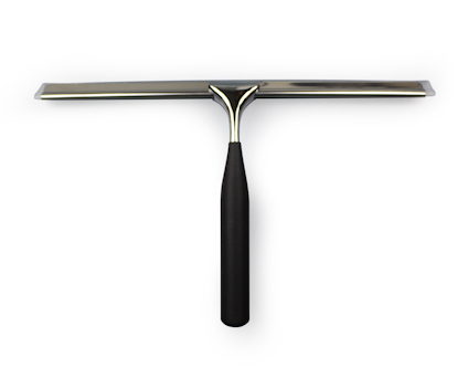 Svart duschskrapa med T-formad design och blank metallskena.