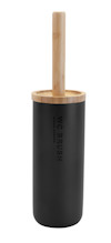 Svart toalettborsthållare med trälock och trähandtag, texten "WC BRUSH" på sidan.