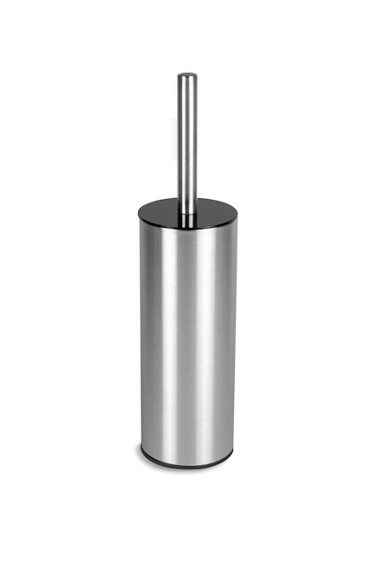 Toalettborsthållare i metalliskt krom med rundad design och svart detalj på toppen.