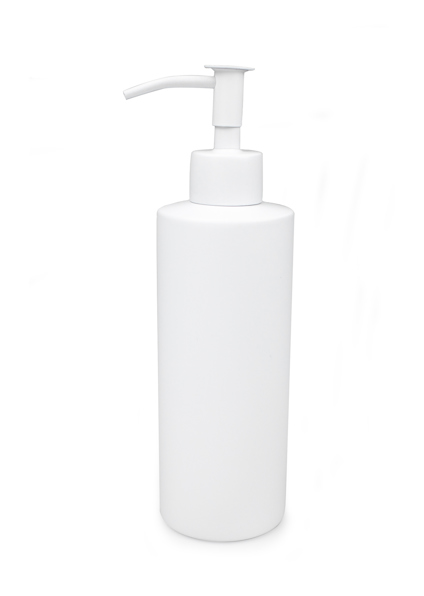 Vit tvålpump med smal, cylindrisk design och en pumpmekanism på toppen.