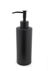 Svart tvålpump med rundad design och vertikal pip.