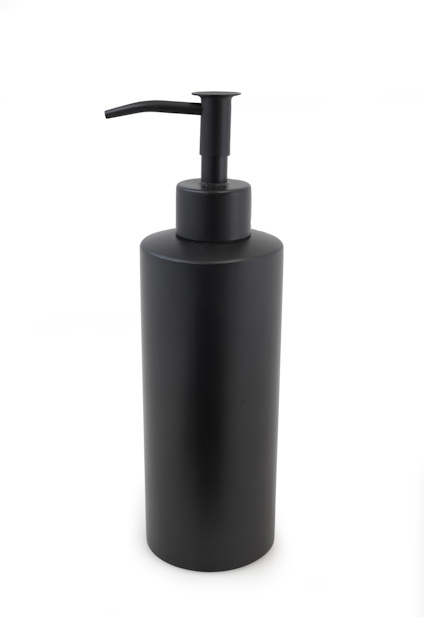 Svart tvålpump med rundad design och vertikal pip.