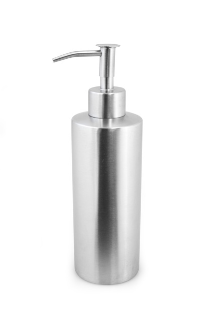 Cylindrisk tvålpump i krom med enkel pip och slät yta.