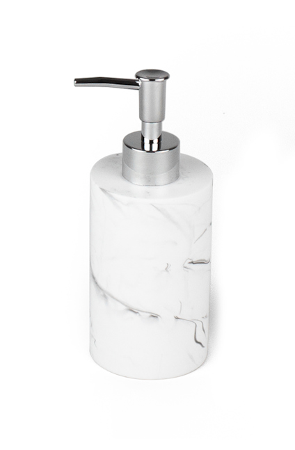 Tvålpump i marmorimitation med silverfärgad pump.
