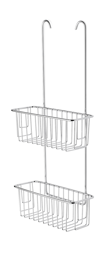 Kromfärgad dubbla korgar med krokar och gallerdesign för upphängning.