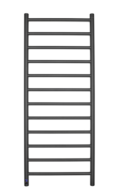 Svart handdukstork med runda rör och flera horisontella ribbor.