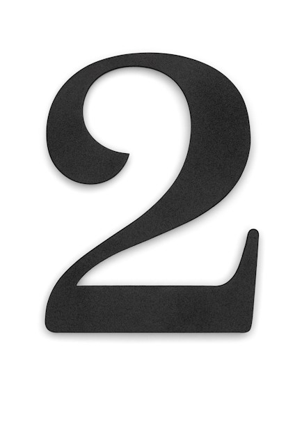 Svart siffra "2" med ett elegant, stiliserat typsnitt mot en vit bakgrund.