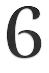 Svart siffra 6 i elegant typsnitt på vit bakgrund.
