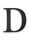 Svart bokstav "D" i serif-typsnitt mot vit bakgrund.