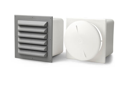 Två ventilationsgaller, ett grått med lameller och ett vitt med runt mönster, på vit bakgrund.