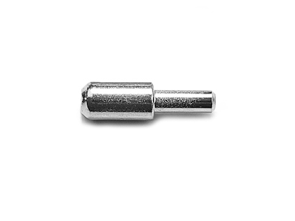 Metallisk cylinderformad hyllbärare med blank yta och avrundad topp.