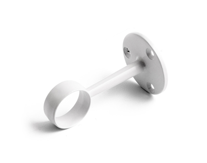 Vit rörhållare med rund basplatta och cirkulärt fäste för rör, monteringshål synliga.