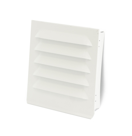 Vit fyrkantigt ventilgaller med horisontella lameller.