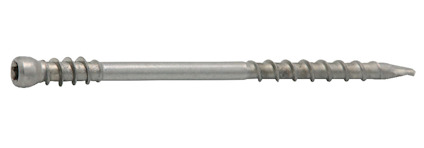 Metallskruv med gängad cylinder, sexkantsfäste och spetsig ände, liggande horisontellt.