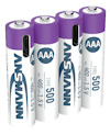 Fyra vita och lila AAA-batterier med texten "Ansmann" och specifikationer som typ 500, 400 mAh, 1.5 V.