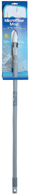 Mopp med teleskopskaft och blå förpackning med texten "Microfiber Mop".
