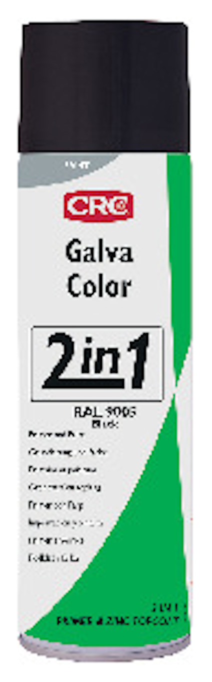 Sprayburk med svart lock och etikett med texten "CRC Galva Color 2 in 1 RAL 9005 Black".