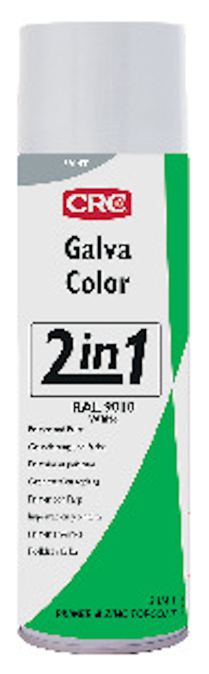 Vit sprayfärgsburk med röd etikett överst och texten "Galva Color 2 in 1 RAL 9010 White".