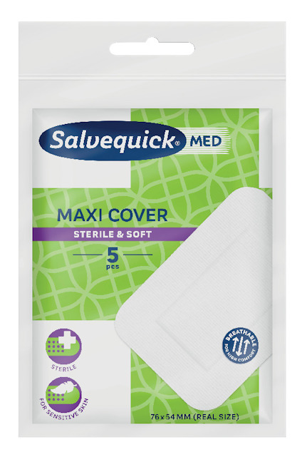 Förpackning med Salvequick Med Maxi Cover, innehåller 5 sterila och mjuka kompresser för känslig hud.