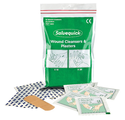 Förpackning med plåster och sårrengöringsservetter med texten "Salvequick Wound Cleansers & Plasters".