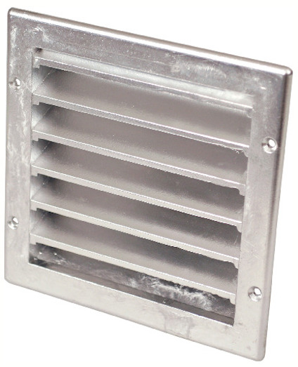 Ventilgaller i gjuten aluminium med horisontella lameller och skruvhål i hörnen.