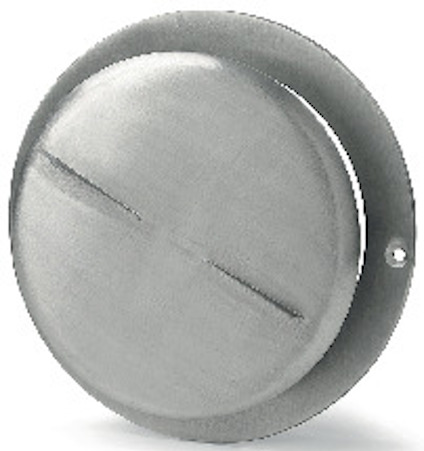 Rund tallriksventil i borstat aluminium med centrerade springor och en monteringsöppning.