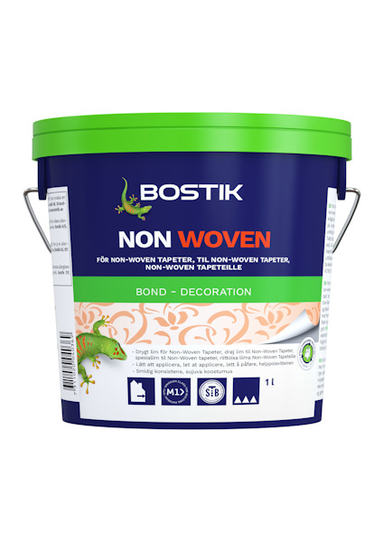 Behållare med grönt lock och handtag. Text: "Bostik Non Woven, Bond - Decoration, 1L".