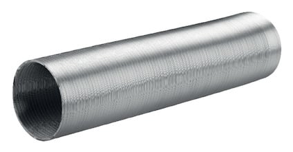 Silverfärgad ventilationsslang i aluminium med veckad yta, formad som ett rör.