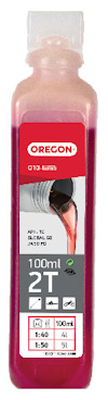 Fyrkantig flaska med röd 2-taktsolja, etikett text: "OREGON, 100ml, 2T, API TC, Global GD, JASO FD".