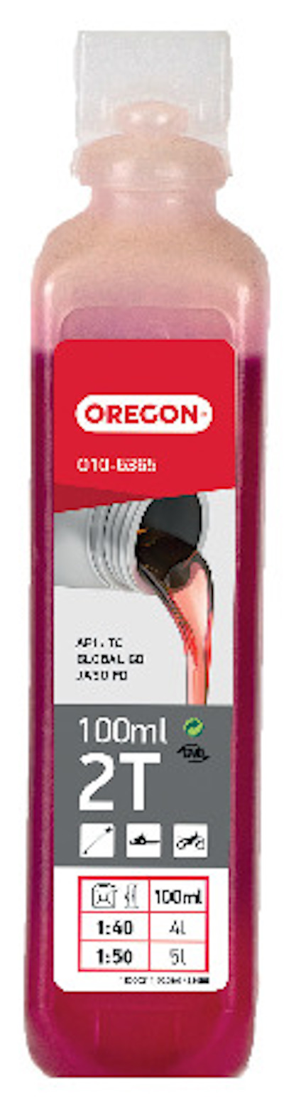 Fyrkantig flaska med röd 2-taktsolja, etikett text: "OREGON, 100ml, 2T, API TC, Global GD, JASO FD".