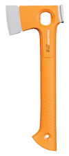 Orange yxa med hål i skaftet och grå egg.