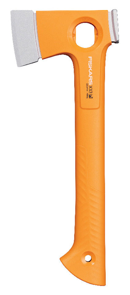 Orange yxa med hål i skaftet och grå egg.