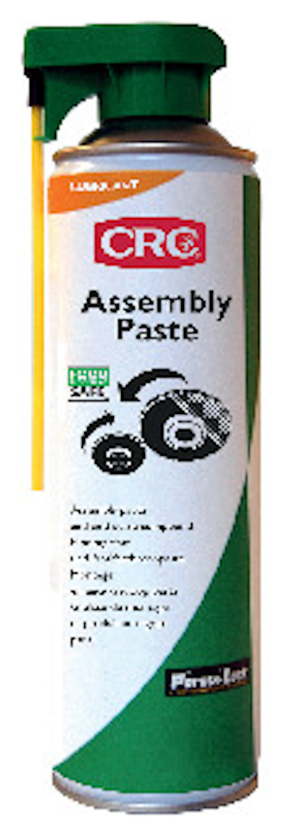 Sprayburk med etikett "CRC Assembly Paste", grön och vit design, gul sprayapplikator på sidan.