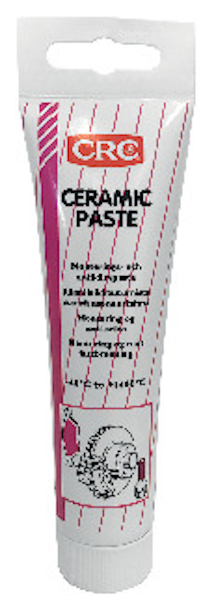 Tub med etikett där det står "CRC CERAMIC PASTE". Innehåller monterings- och skiljepasta. Temperaturangivelse: 40°C till 1400°C.