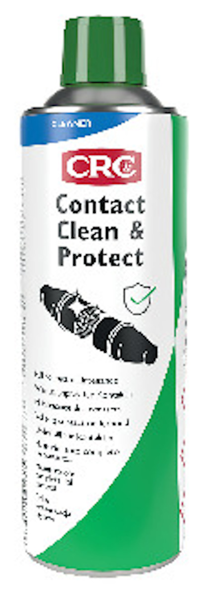 Sprayburk med grön och vit etikett märkt "Contact Clean & Protect" och illustration av elektriska kontakter.