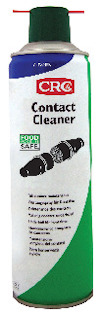 Aerosolburk med etiketten "CRC Contact Cleaner", avsedd för rengöring av kontakter, med grön och vit design.