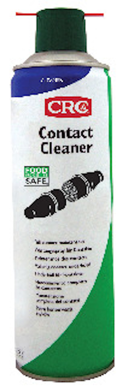 Aerosolburk med etiketten "CRC Contact Cleaner", avsedd för rengöring av kontakter, med grön och vit design.
