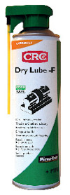 Sprayburk med grön och vit etikett märkt "Dry Lube - F" och "CRC" med gul applikatorslang.