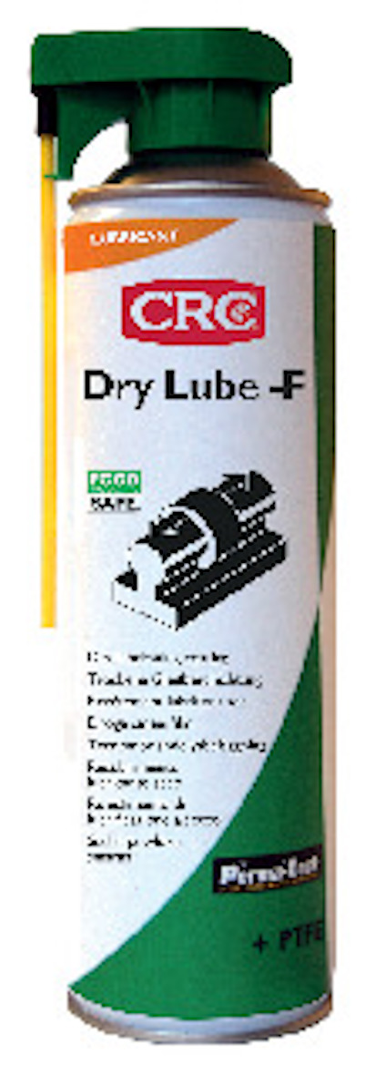 Sprayburk med grön och vit etikett märkt "Dry Lube - F" och "CRC" med gul applikatorslang.