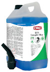 Behållare med blå vätska, etikett 'CRC ECO Complex Blue, 5L', avbildar varningssymbol.
