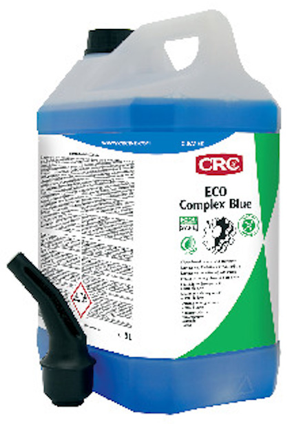 Behållare med blå vätska, etikett 'CRC ECO Complex Blue, 5L', avbildar varningssymbol.